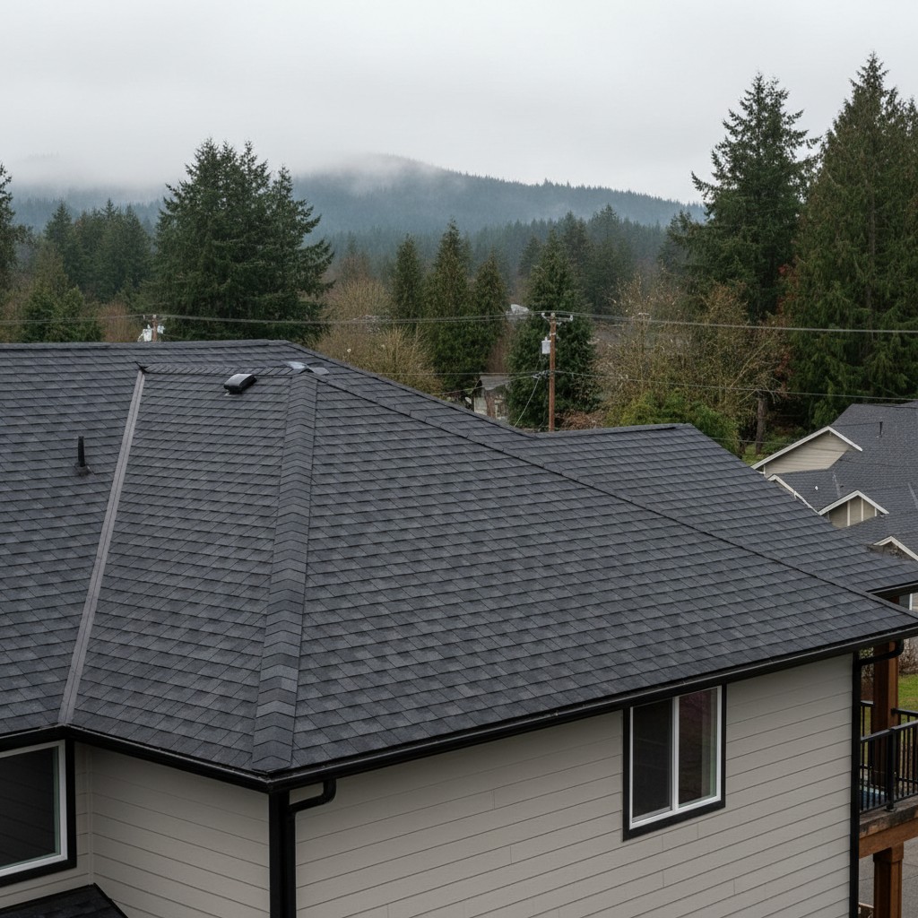 A photo of the top of a house in a forest or rural setting.